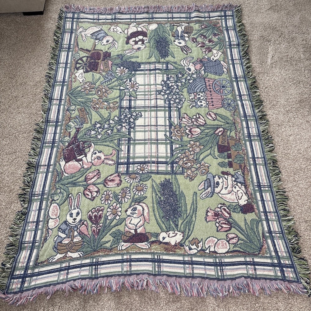 Beatrix Potter GARDEN RABBITS Woven Afghan Tapestry Blanket Throw Easter Spring